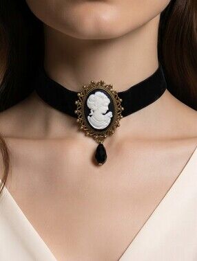 Black Velvet Choker White Cameo Gothic Antique Gold Necklace Dark Romance Vibes